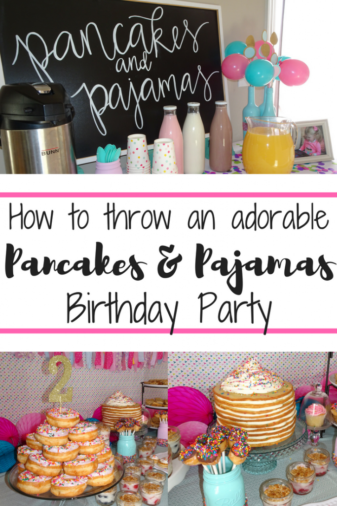 Pancakes and Pajamas birthday party decoration ideas. Pancakes and Pajamas food ideas. How to make a pancake cake. Ideas for brunch for pancakes and pajamas or donut birthday party. Sprinkles Party