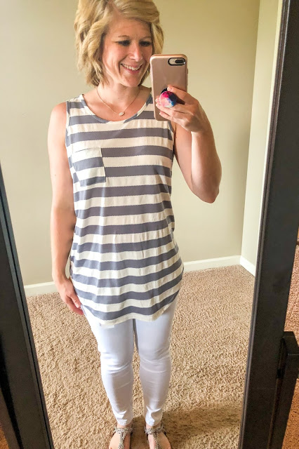 Stitch Fix review. Try Stitch Fix, personal styling subscription box. Grey and white striped one pocket knit tank top. White ankle length skinny jeans Summer style. Summer outfits