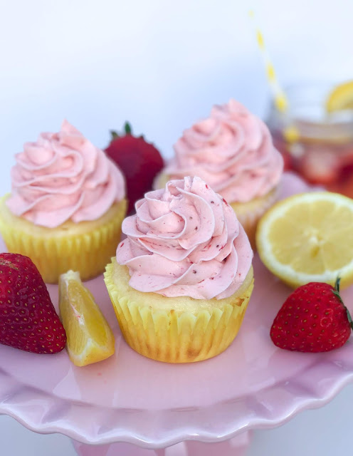Strawberry Lemonade Cupcake Recipe. Lemon cupcakes with strawberry puree buttercream frosting. Beautiful summer dessert