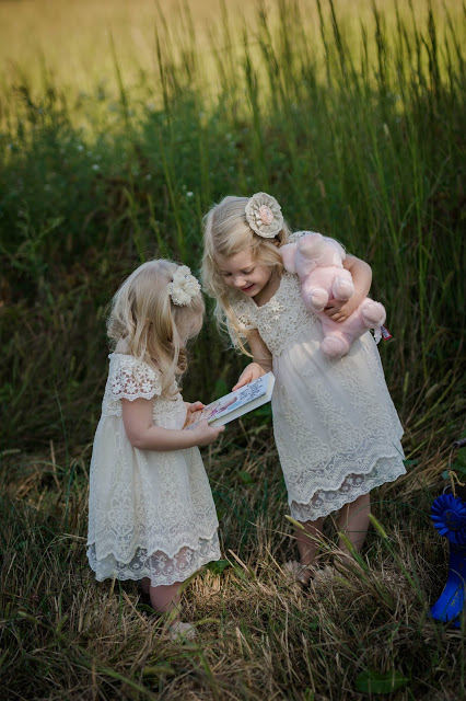 Vintage Charlotte's Web kids photo shoot. Rustic, lace dress. Rustic farm field photo shoot.