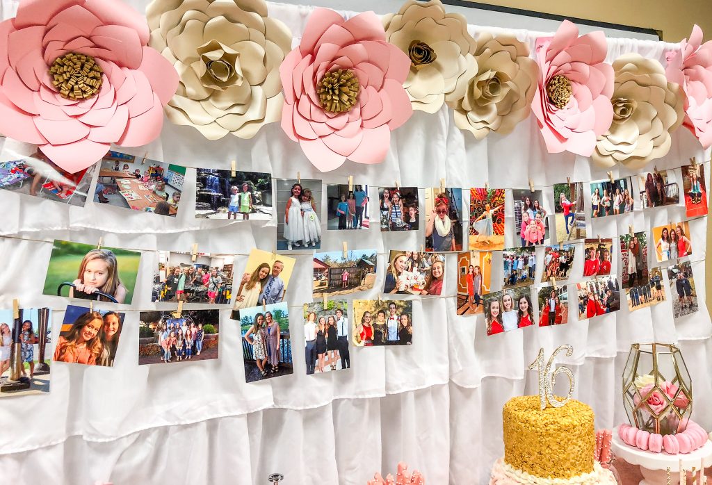How to plan the perfect Sweet 16 party. Pink and gold Sweet 16 party ideas. Dessert table ideas. Photo booth backdrop for Sweet 16 party. Pink and gold Sweet 16.