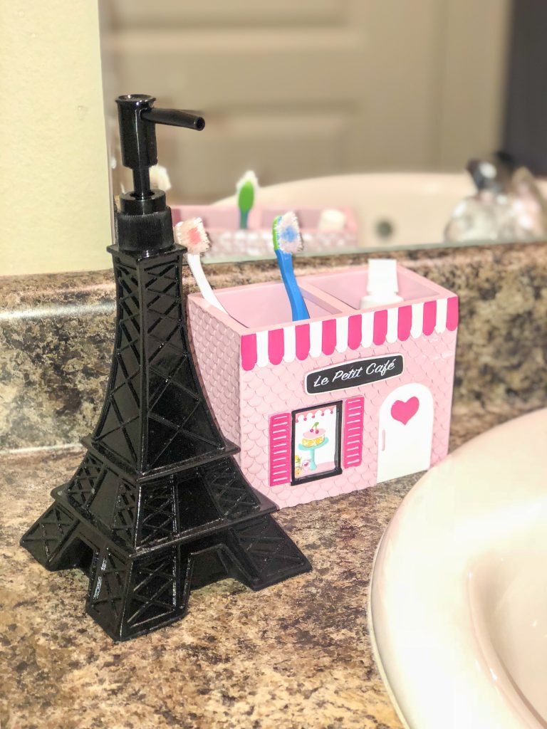 Little girls bathroom decor ideas. Girly pink parisian bathroom makeover for toddlers or big girls.