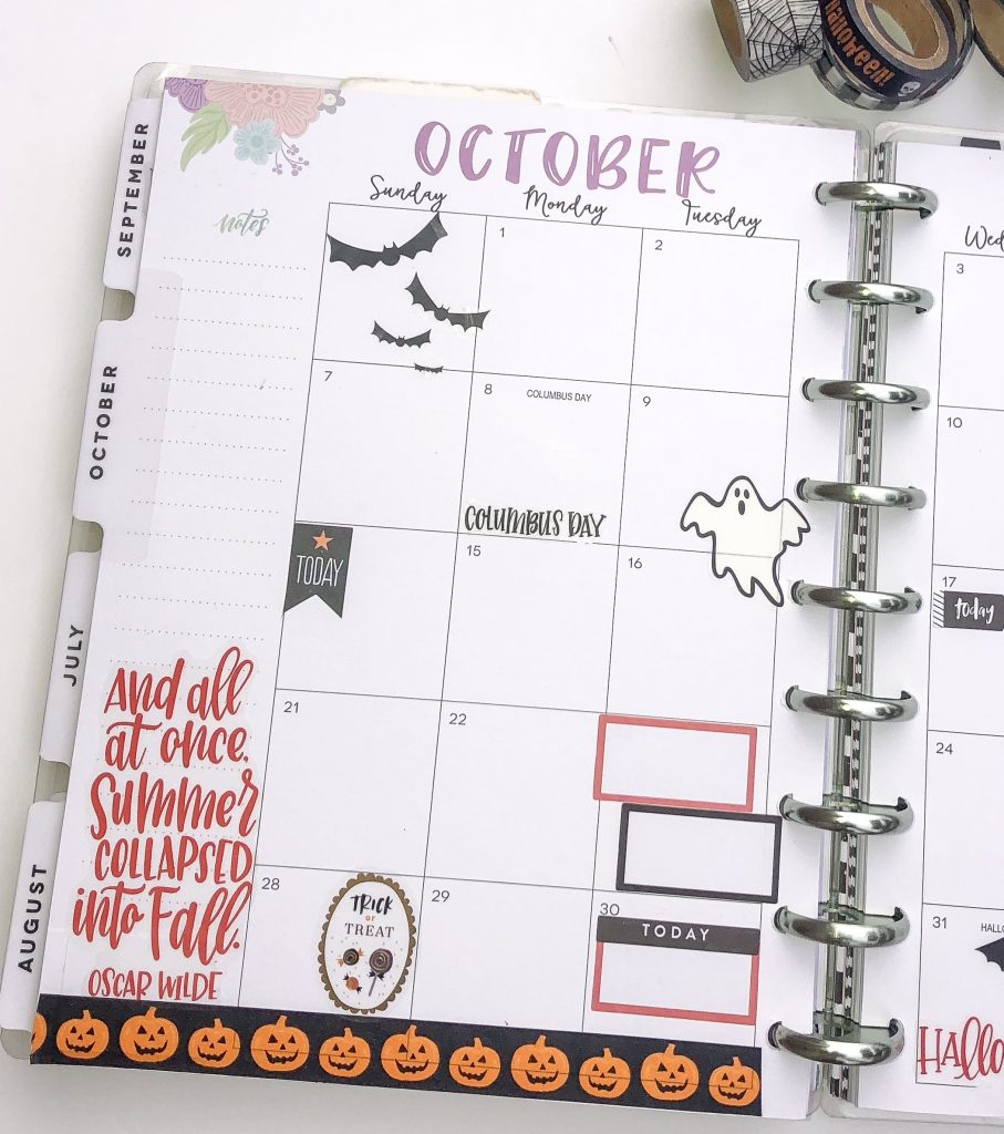 Happy Planner spreads for the month of October. Monthly Happy Planner layout. Vertical weekly Happy Planner layout. Halloween Happy Planner spread. Fall Happy Planner Spread