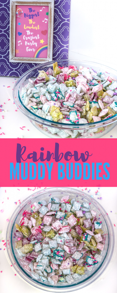 Rainbow Muddy Buddies. Rainbow muddy buddies recipe is perfect for Trolls birthday party, Unicorn birthday party, rainbow birthday party. Trolls birthday party food ideas. Unicorn birthday party food ideas. Rainbow food ideas