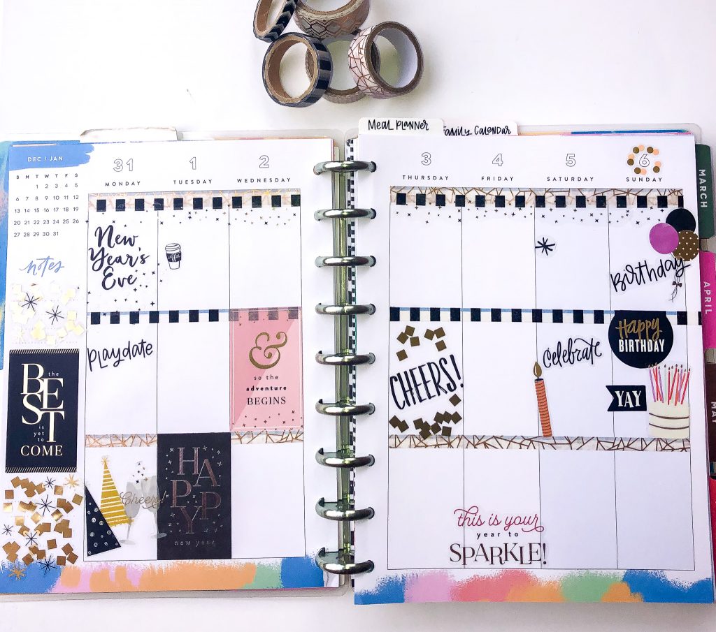 Happy Planner spreads for the month of January. Monthly Happy Planner layout. Vertical weekly Happy Planner layout.