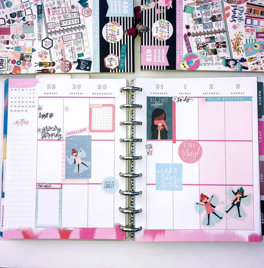 Happy Planner spreads for the month of January. Monthly Happy Planner layout. Vertical weekly Happy Planner layout.