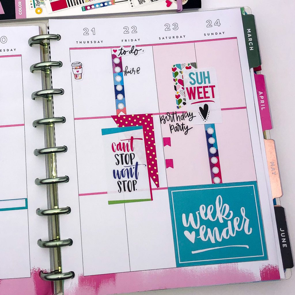 Happy Planner spreads for the month of February. Monthly Happy Planner layout. Vertical Weekly Happy Planner layout. Valentine's Day Happy Planner Spread
