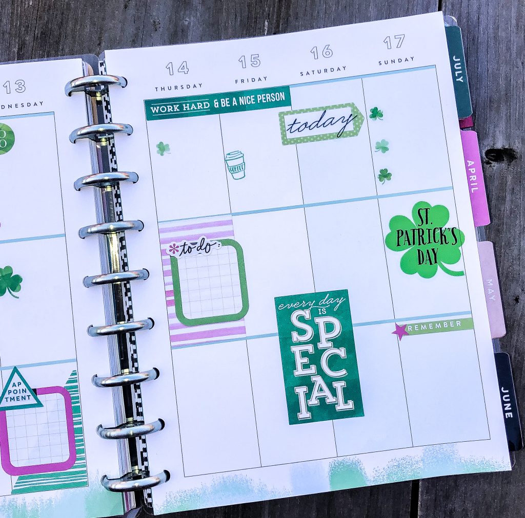 Happy Planner spreads for the month of March. Spring Happy Planner Spread. Monthly Happy Planner layout. Vertical weekly Happy Planner layout.