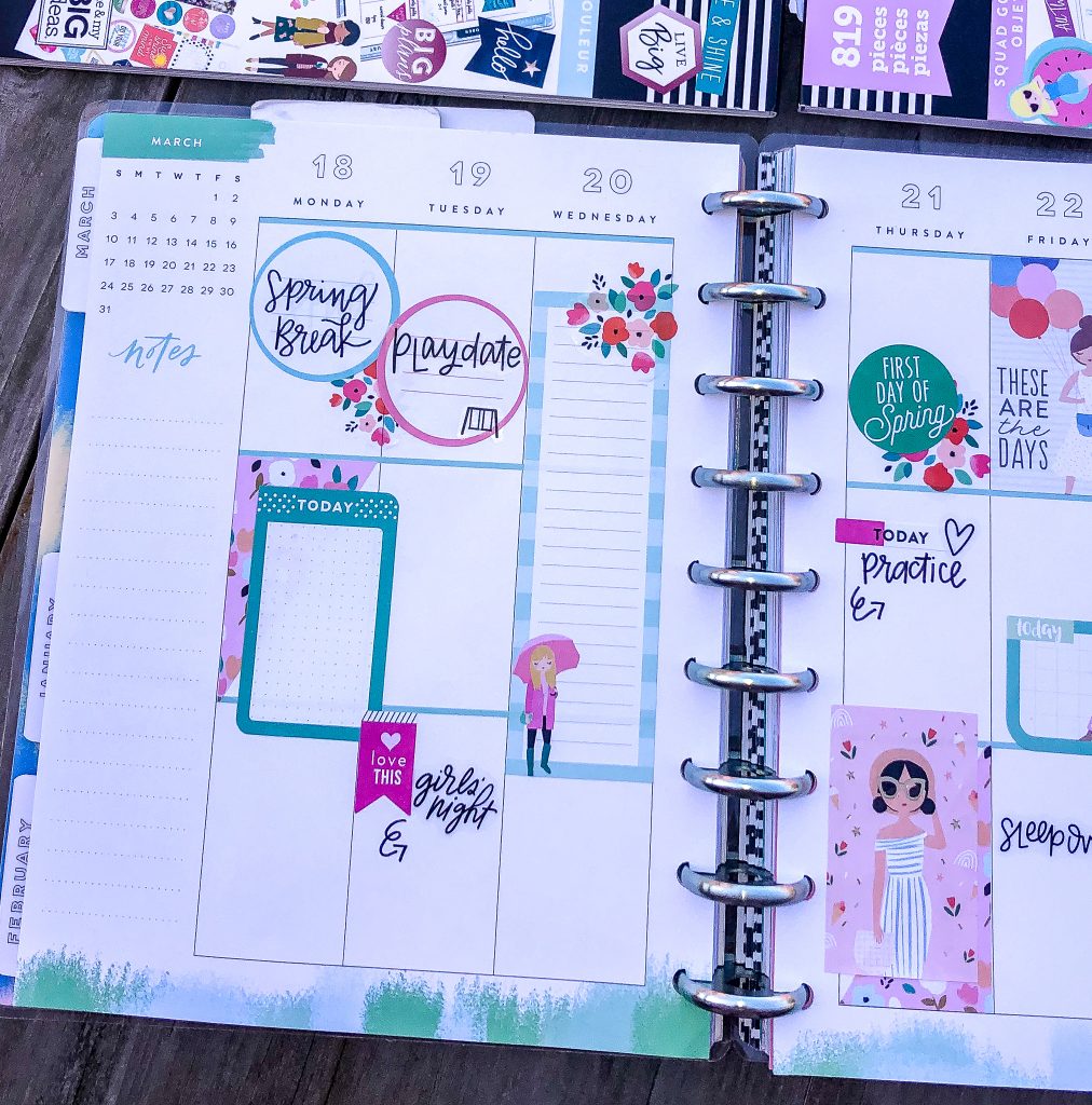 Happy Planner spreads for the month of March. Spring Happy Planner Spread. Monthly Happy Planner layout. Vertical weekly Happy Planner layout.