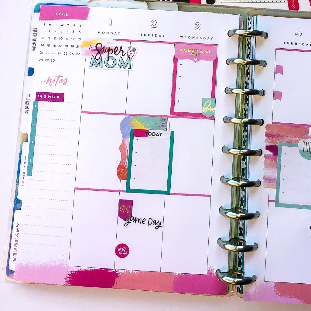 Happy Planner spreads for the month of April. Spring Happy Planner Spread. Socialite Happy Planner spread. Monthly Happy Planner layout. Vertical weekly Happy Planner layout.