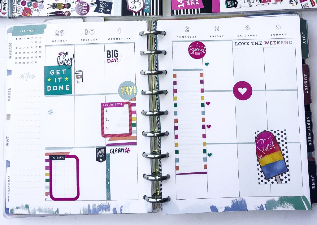 Happy Planner spreads for the month of April. Spring Happy Planner Spread. Socialite Happy Planner spread. Monthly Happy Planner layout. Vertical weekly Happy Planner layout.