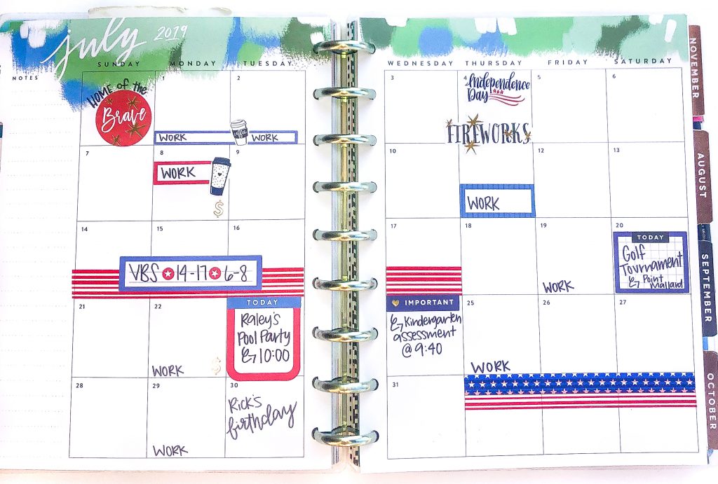 Happy Planner spreads for the month of July. Summer Happy Planner Spread. Monthly Happy Planner layout. Vertical weekly Happy Planner layout.