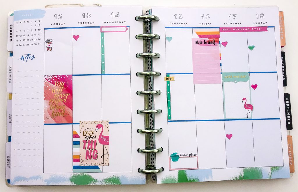 Happy Planner spreads for the month of August. Summer Happy Planner Spread. Monthly Happy Planner layout. Vertical weekly Happy Planner layout.