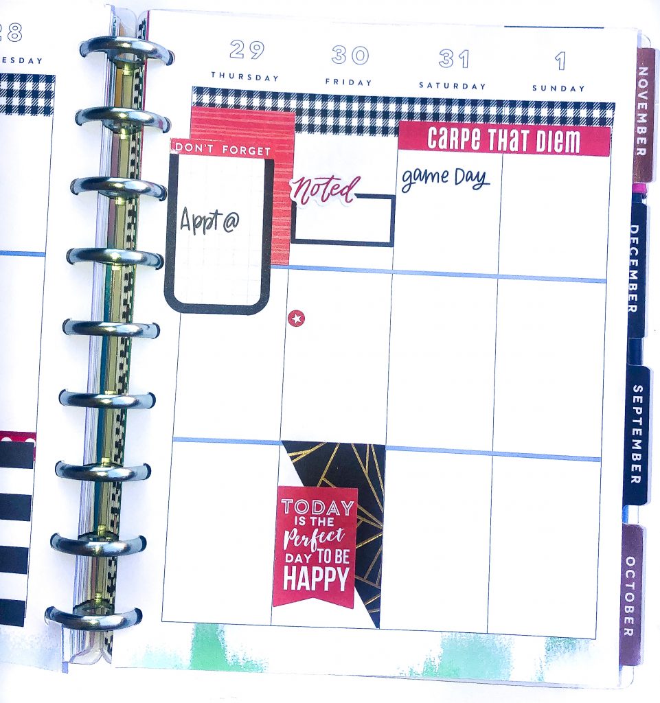 Happy Planner spreads for the month of August. Summer Happy Planner Spread. Alabama football houndstooth happy planner spread. Monthly Happy Planner layout. Vertical weekly Happy Planner layout.