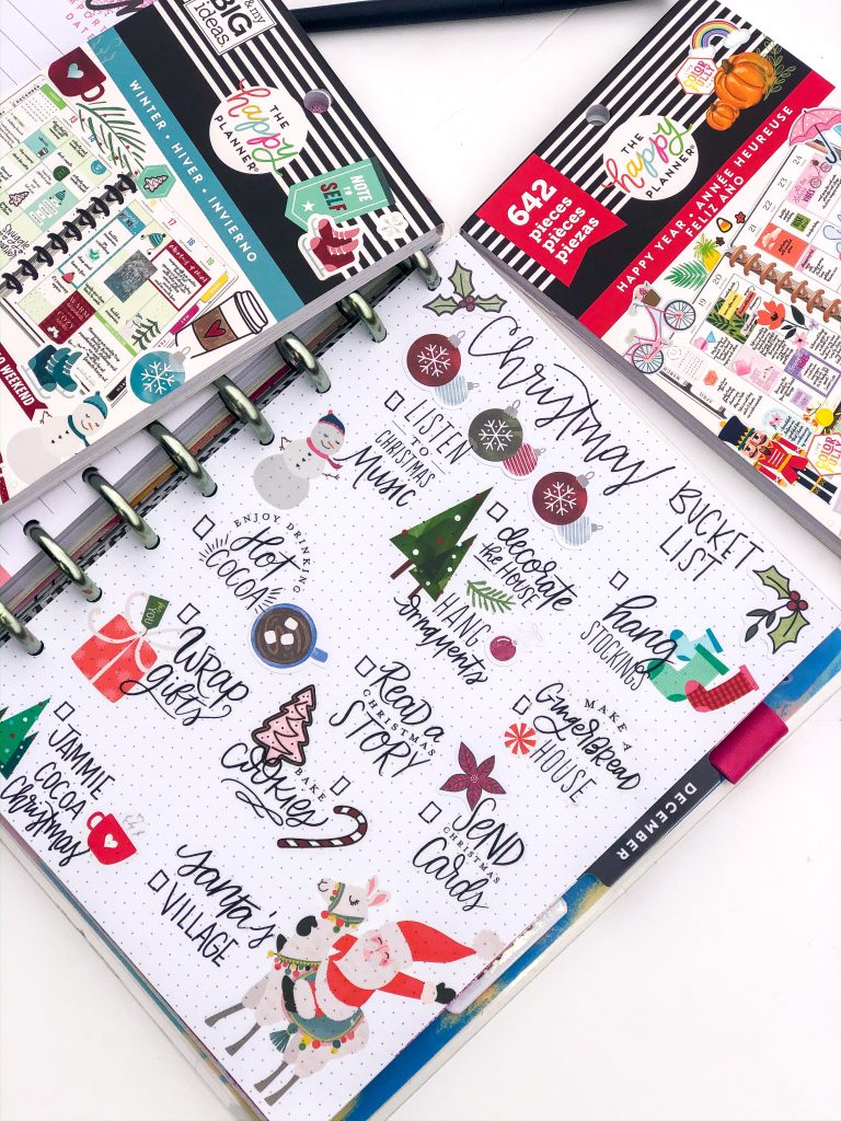 Happy Planner spreads for the month of December. Winter Happy Planner Spread. Christmas Happy Planner spreads. Monthly Happy Planner layout. Vertical weekly Happy Planner layout.