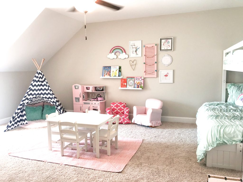 Mint and pink girly playroom. Playroom decor. Girls playroom decor. Playroom layout. Playroom with bunk beds. Girls bunk beds.
